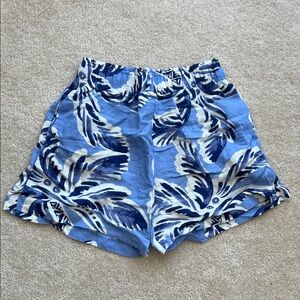 H&M High Waist Linen Blue and White Palm Tree Patterned Shorts